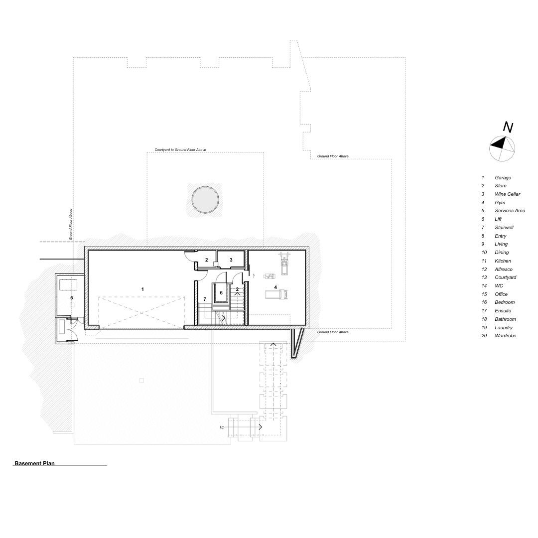 Basement plan drawing showing a gym, services area, and storage spaces adjacent to exterior courtyards