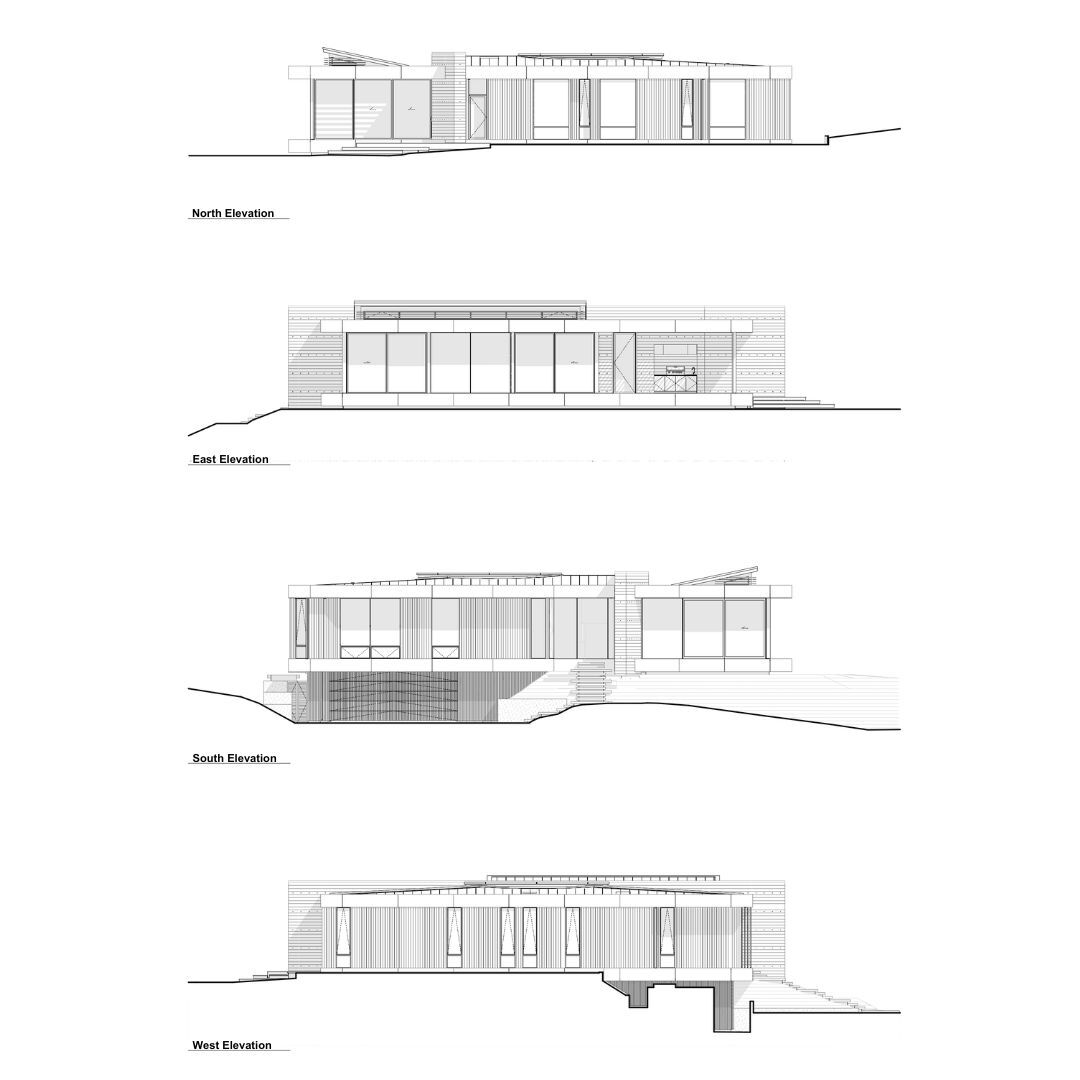 Elevation drawings showing north, east, south, and west facades with horizontal cladding and flat rooflines on sloped terrain