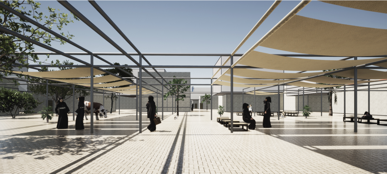 Shaded communal courtyard designed for gathering and social interaction.