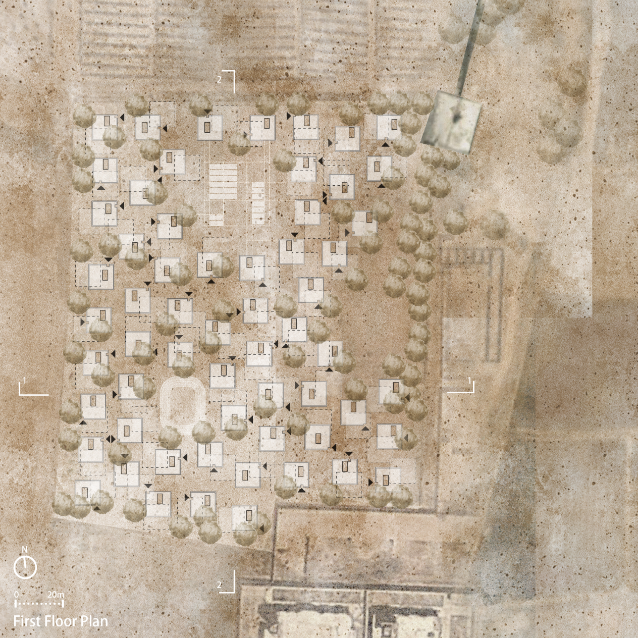 Parametric site plan showing housing clusters, circulation, and landscape distribution.