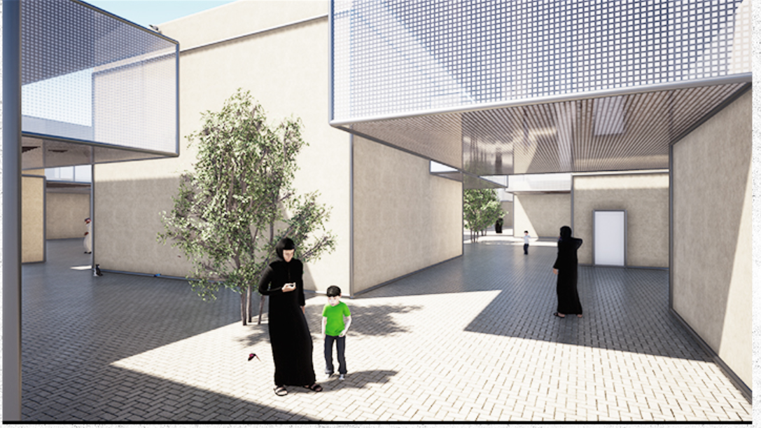 Pedestrian passage framed by modular homes, trees, and elevated screened volumes.