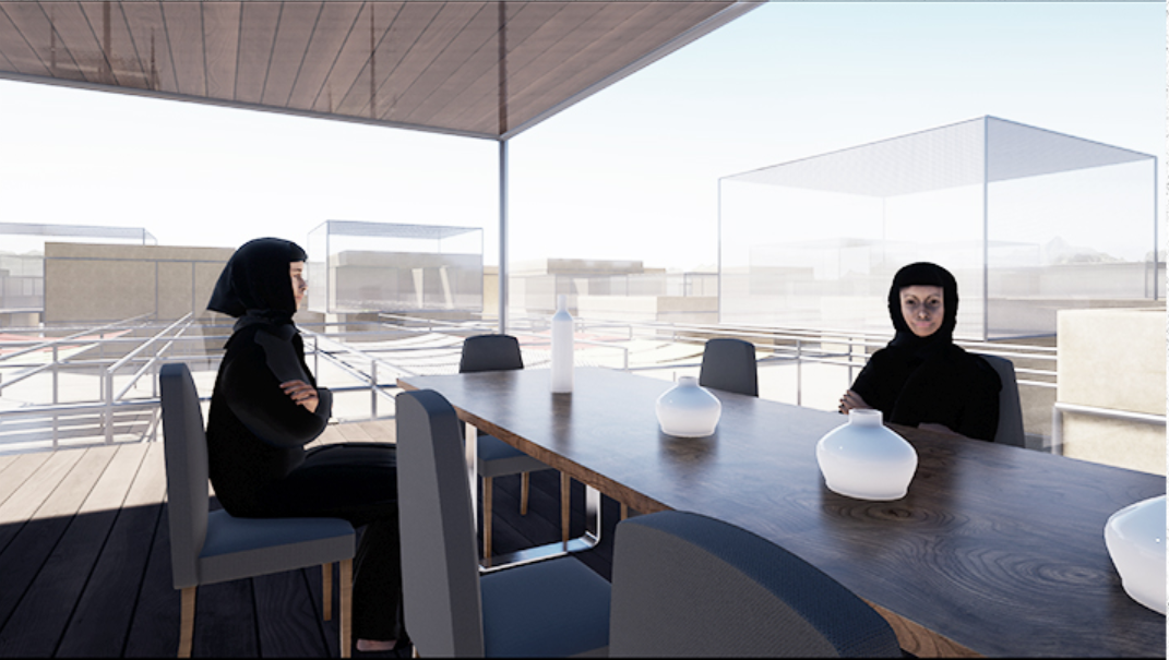 Elevated communal balcony creating space for conversation and neighborhood views.