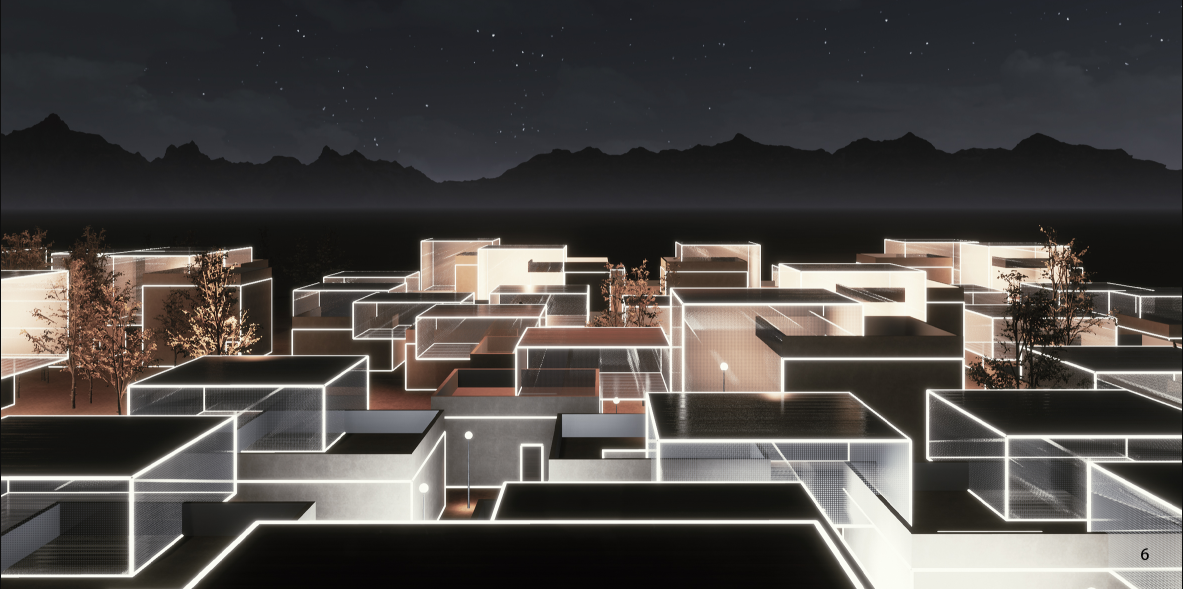 Night view highlighting the interconnected modular settlement and illuminated pathways.