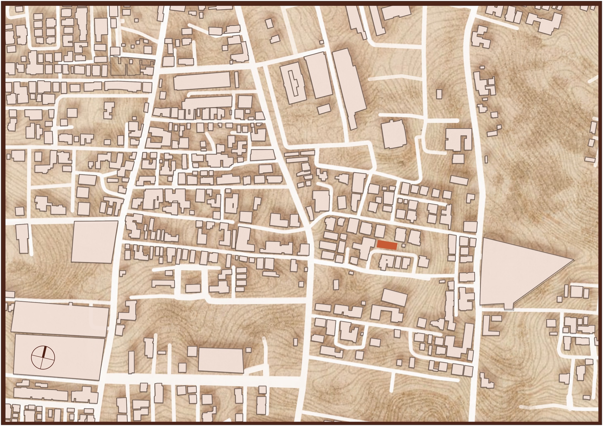 Site plan drawing showing the building footprint highlighted in red within a neighborhood of streets and parcels