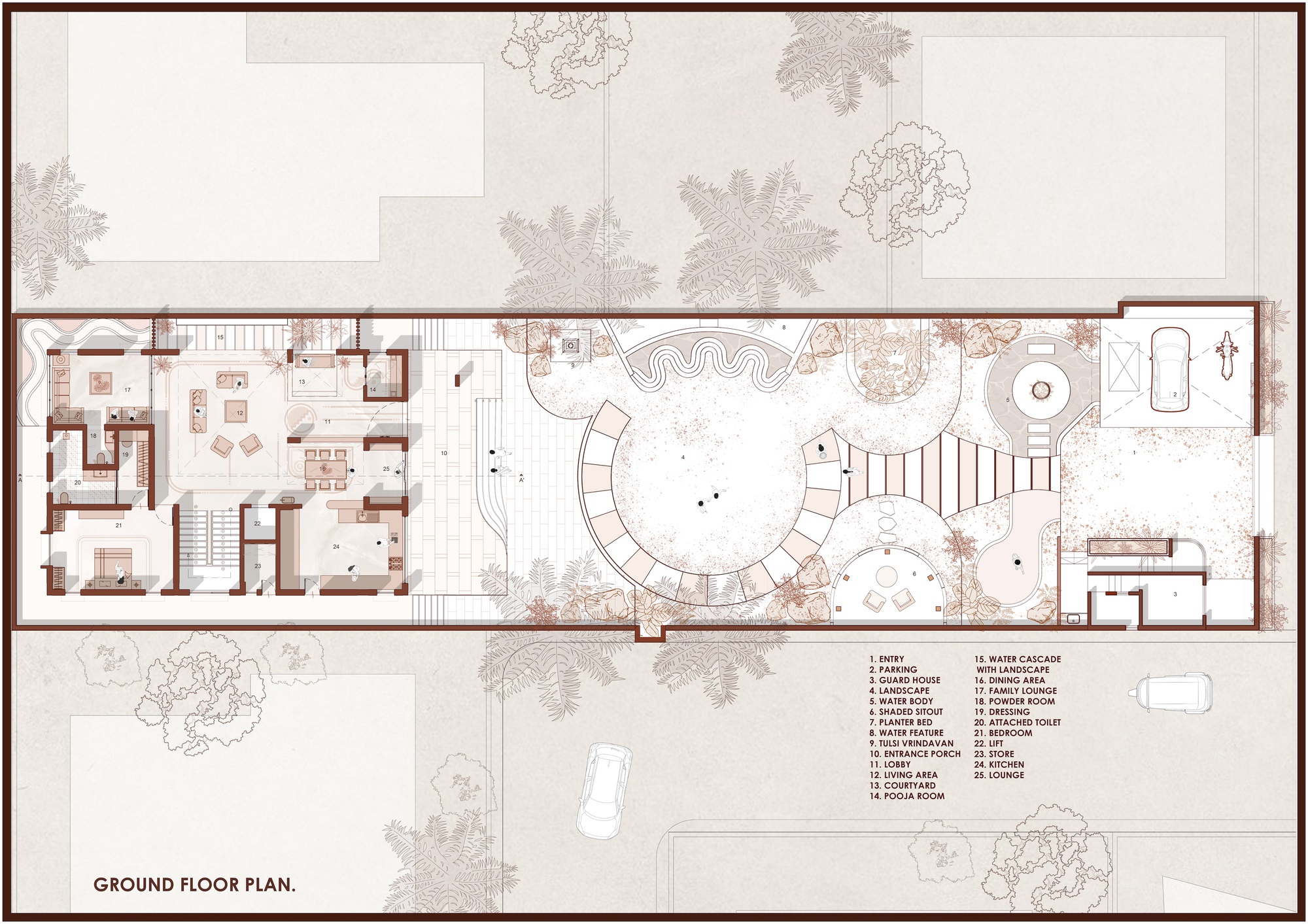 Ground floor plan drawing showing interior rooms and central courtyard with curved steps and planted areas