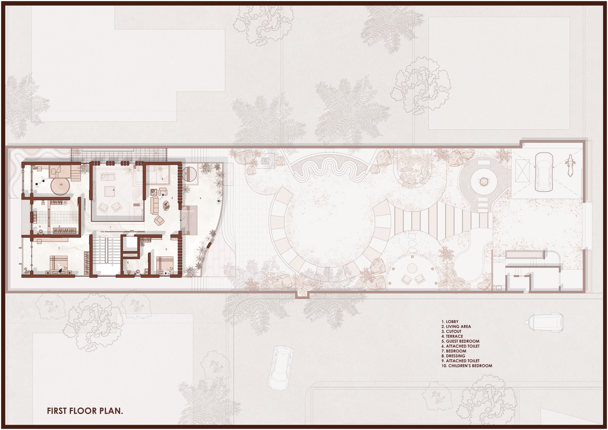 First floor plan drawing showing upper rooms, terrace and courtyard with annotated room labels