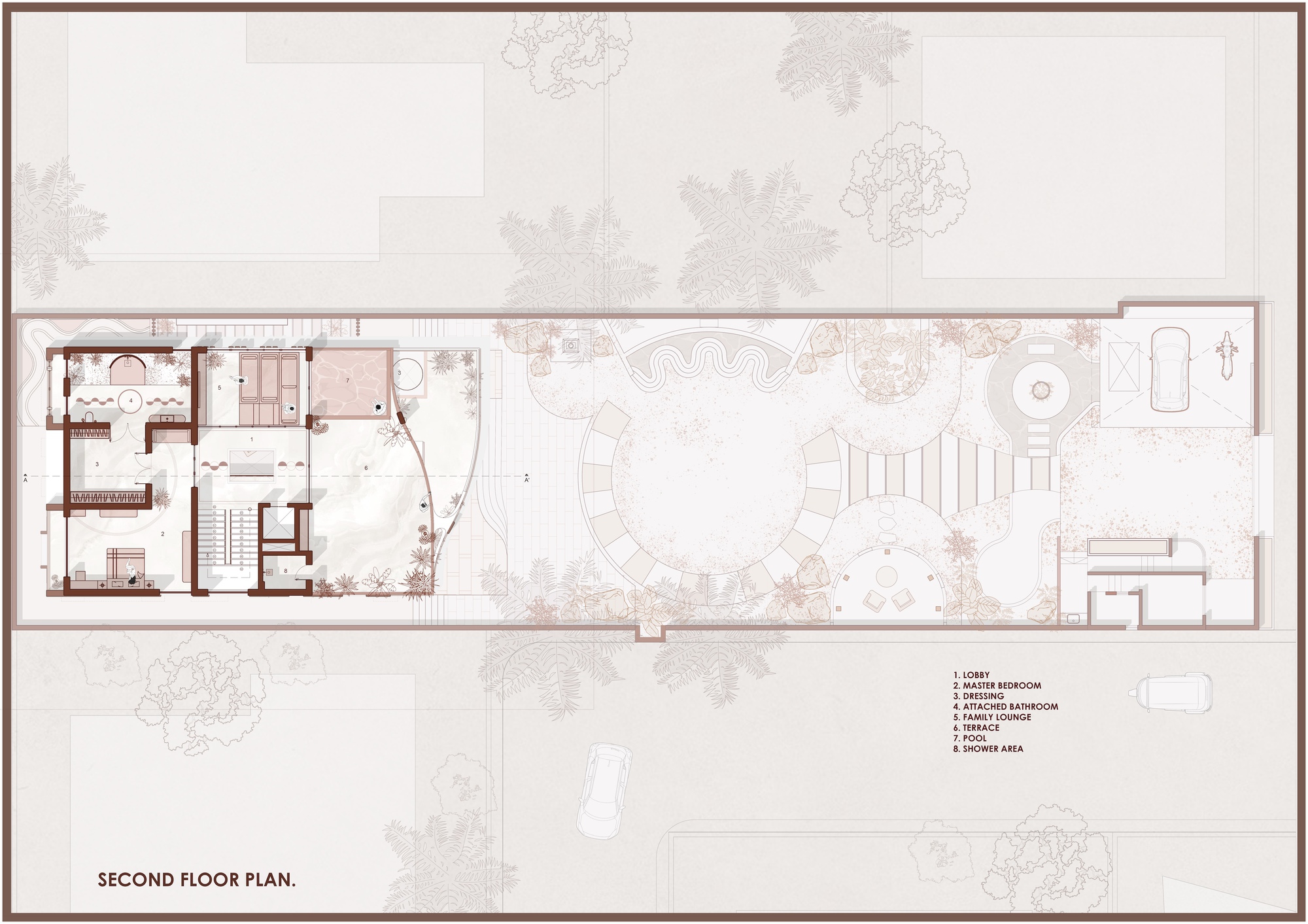 Second floor plan showing interior rooms on the left and a central courtyard with pool and curved seating areas