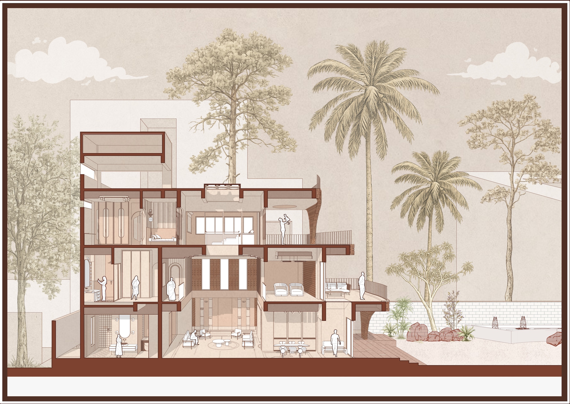 Section drawing revealing multi-level interior spaces with figures and palm trees framing the composition