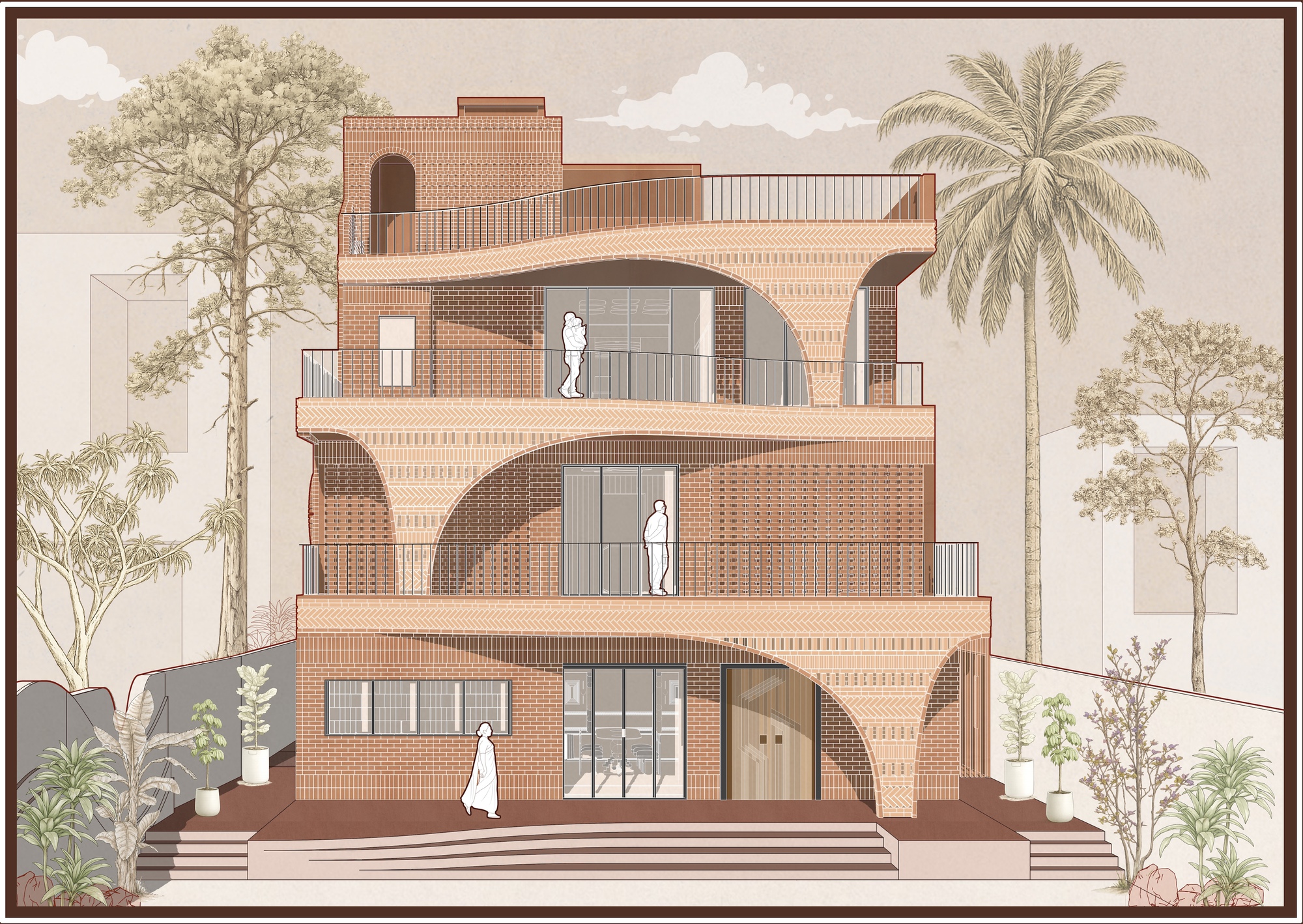 Front elevation showing stacked brick volumes with arched openings and figures on terraces beneath palm trees