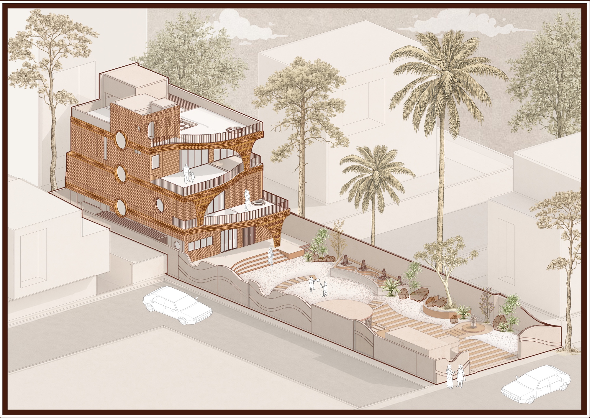 Axonometric view of the brick residence with curved terraces and landscaped entry court with palm trees