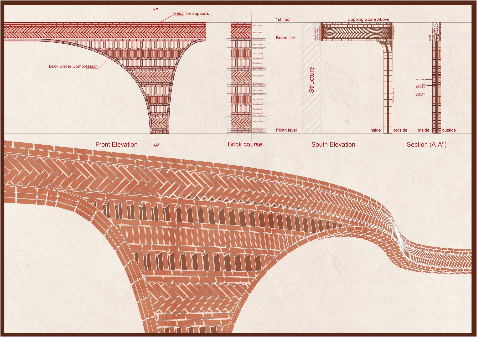 Construction detail drawing showing brick coursing patterns and curved arch structure with annotations