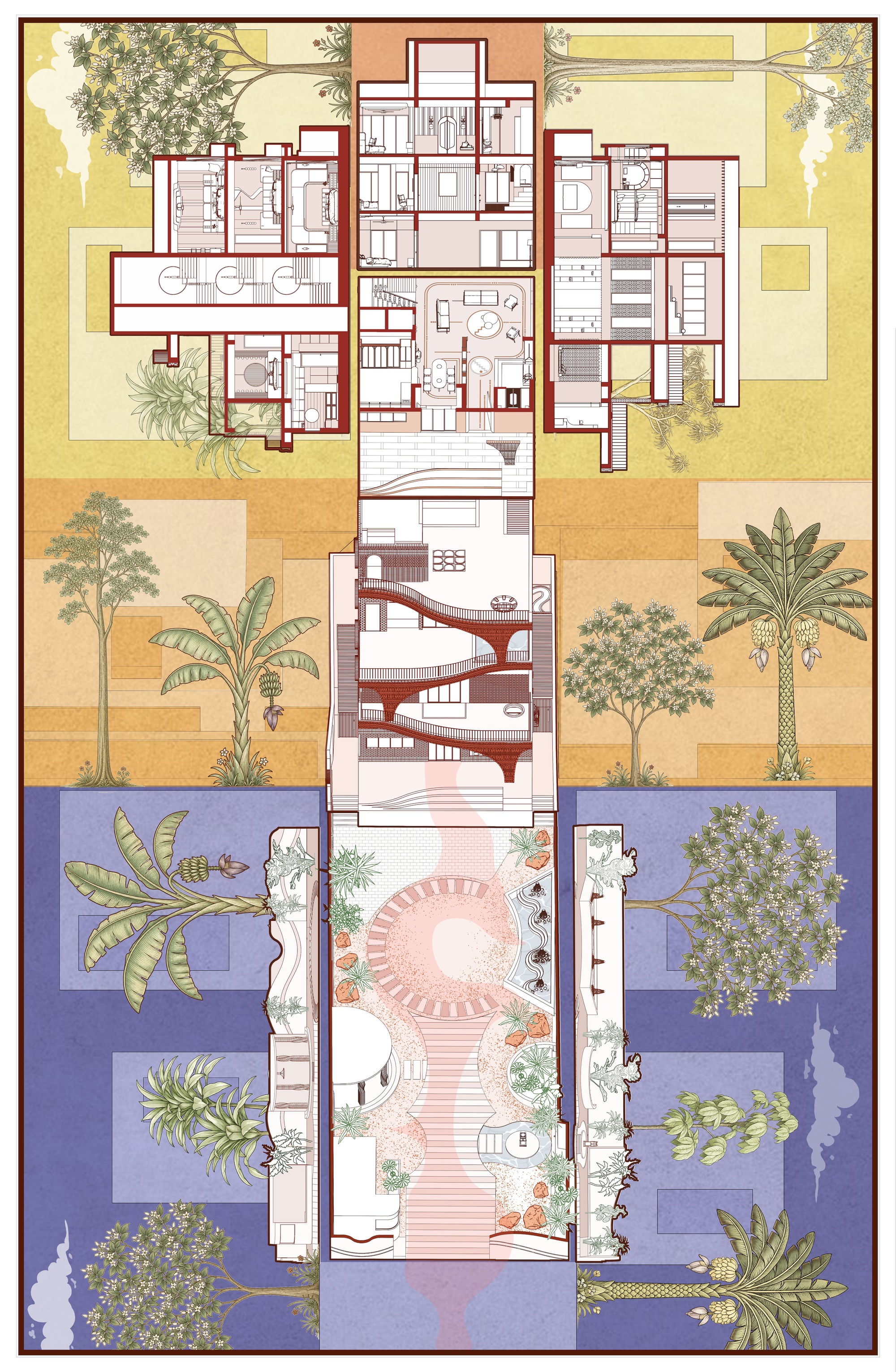 Combined floor plans with banded color zones showing upper bedrooms, middle courtyard, and lower pool terrace