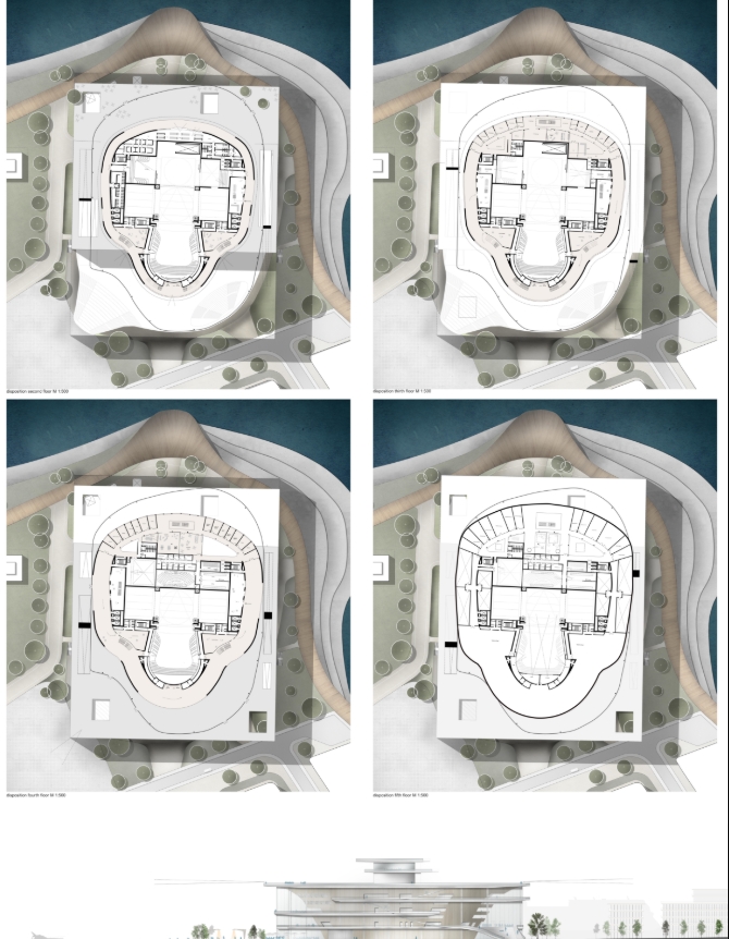 Sheet of four floor plan drawings at upper levels, each showing an oval auditorium core inside a rectangular roof, with a section strip below. Image: Florian Jesch