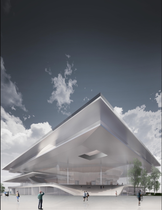 Rendered view of the overhanging layered metallic roof above a glazed base and wide steps, with pedestrians under a cloudy dark sky. Image: Florian Jesch