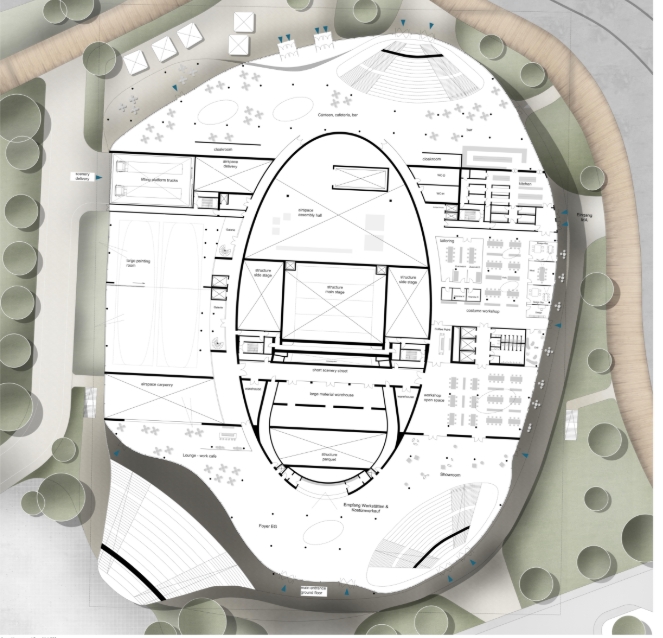 Ground floor plan drawing showing an oval stage and auditorium core surrounded by workshops, rehearsal rooms and tree-lined paths. Image: Florian Jesch
