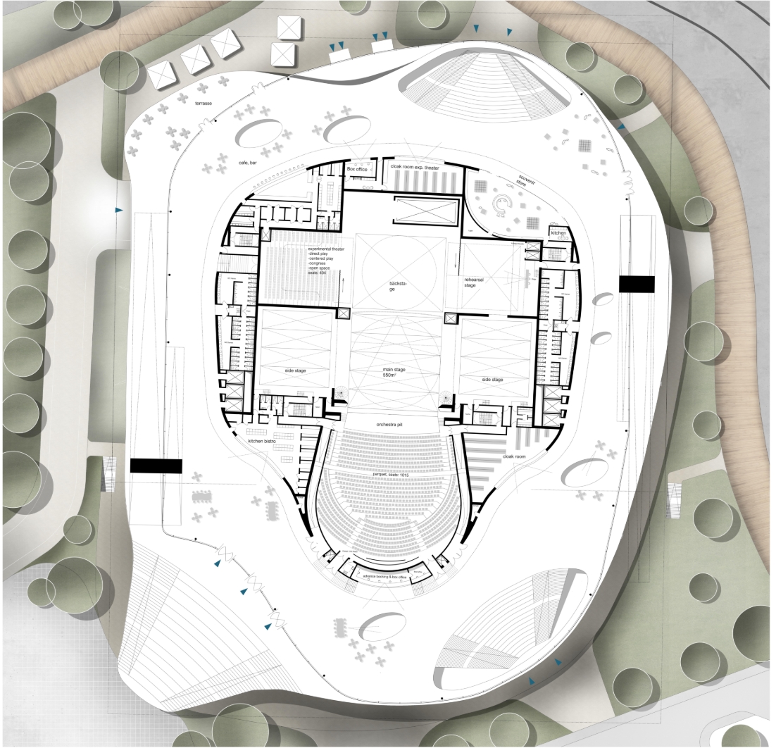 Floor plan drawing of the main stage, side stages and curved seating, ringed by a terrace with trees and a boardwalk. Image: Florian Jesch