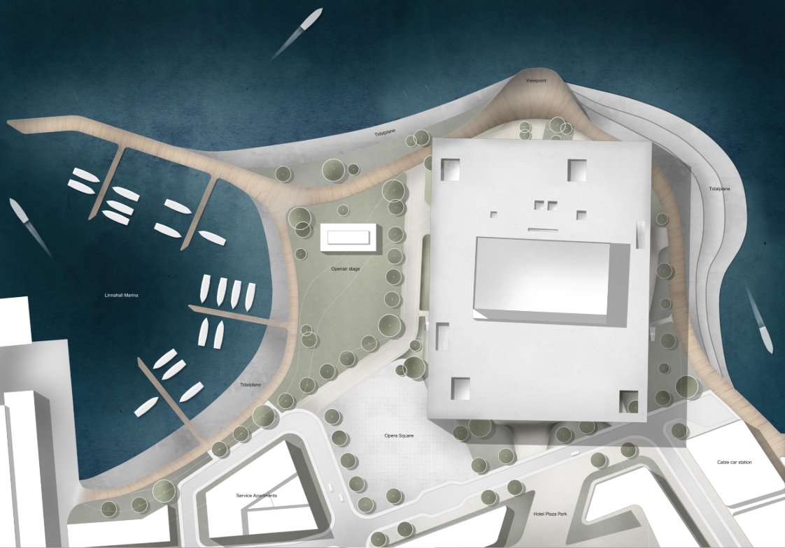 Site plan drawing showing the square roof beside a marina with moored boats, an open-air stage, a plaza and a curving timber promenade. Image: Florian Jesch