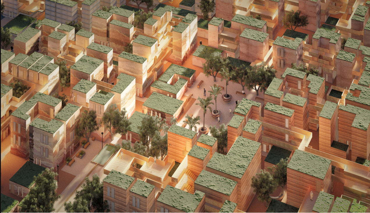 Aerial view of Riad’s, revealing its dense courtyard clusters, green roofs, shaded streets, and interconnected communal spaces.