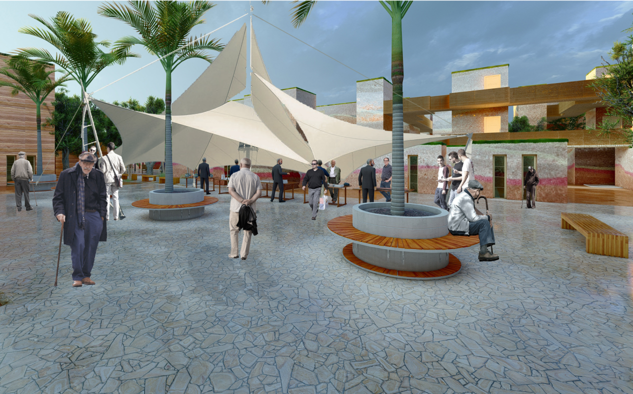 A lively public square designed for social gatherings, shaded seating, community events, and everyday interaction among residents.