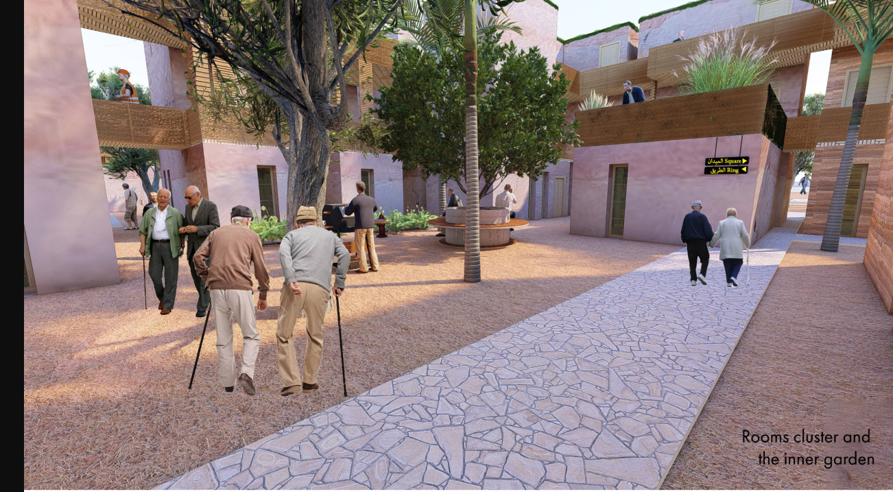 Residential clusters organized around an inner garden, creating intimate spaces for walking, meeting, resting, and social connection.
