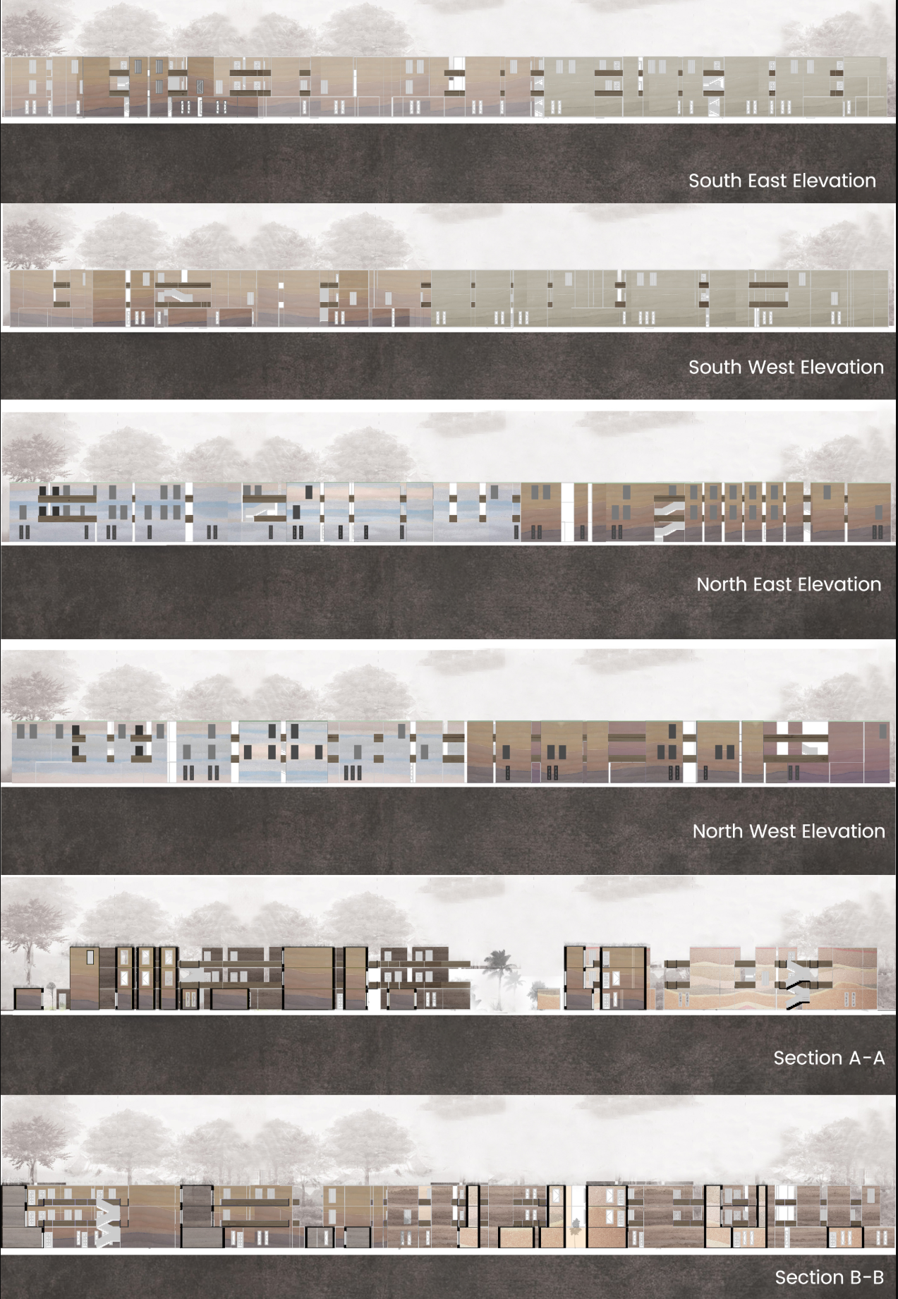 Architectural elevations and sections showing the project’s varied massing, material palette, circulation, and clustered spatial organization.