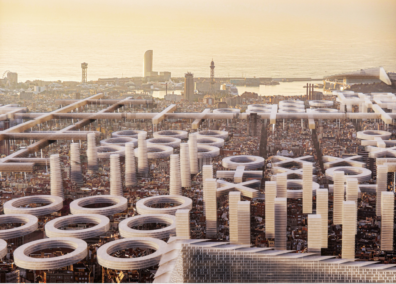 Circular towers and elevated structures introduce new density while preserving the historic city below
