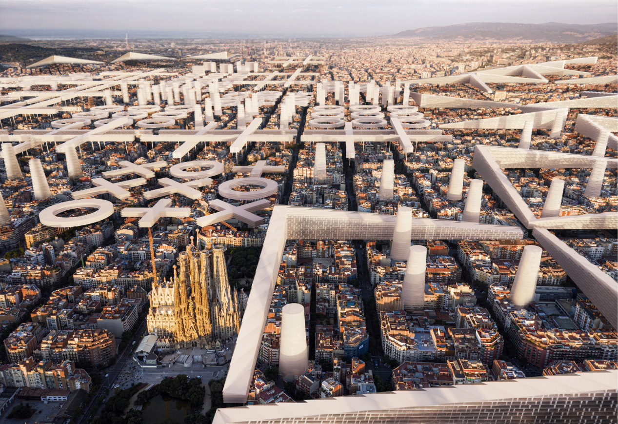 A speculative urban network rises around Barcelona’s landmarks, streets, and Cerdà grid