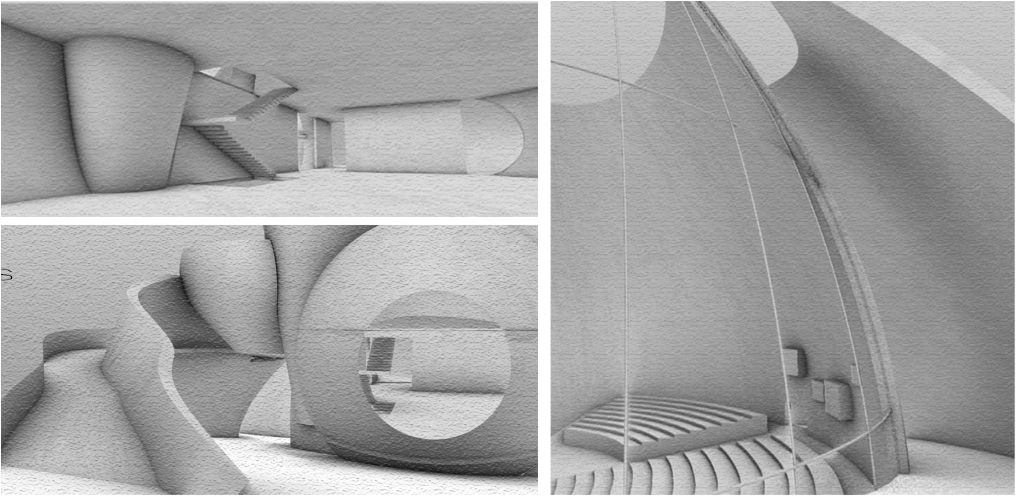 Sculptural interiors explore fluid circulation, framed views, and layered transitions between cultural spaces
