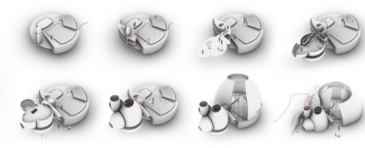 Sequential diagrams illustrate how circulation, program, and volcanic-inspired forms shape the final architectural composition