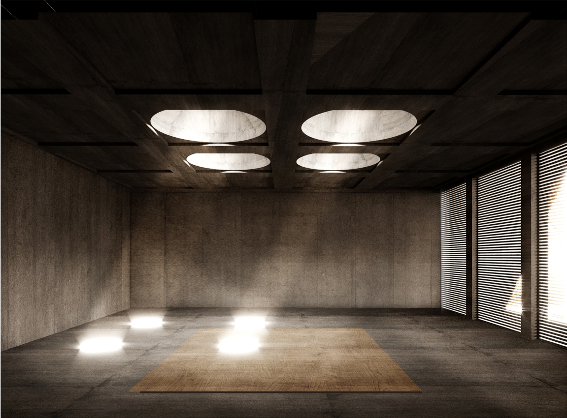 Religious interior illuminated through circular skylights and filtered side screens.