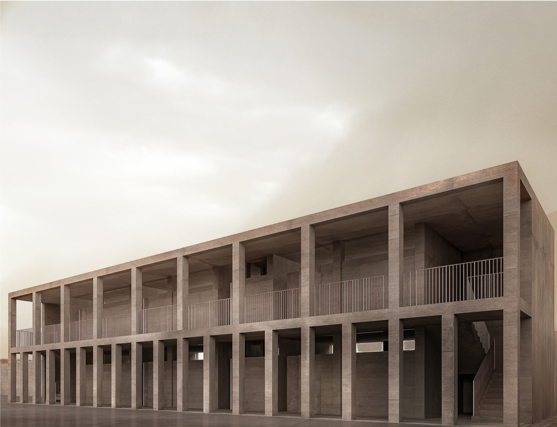 Colonnaded community building creating shaded circulation and a strong civic edge.