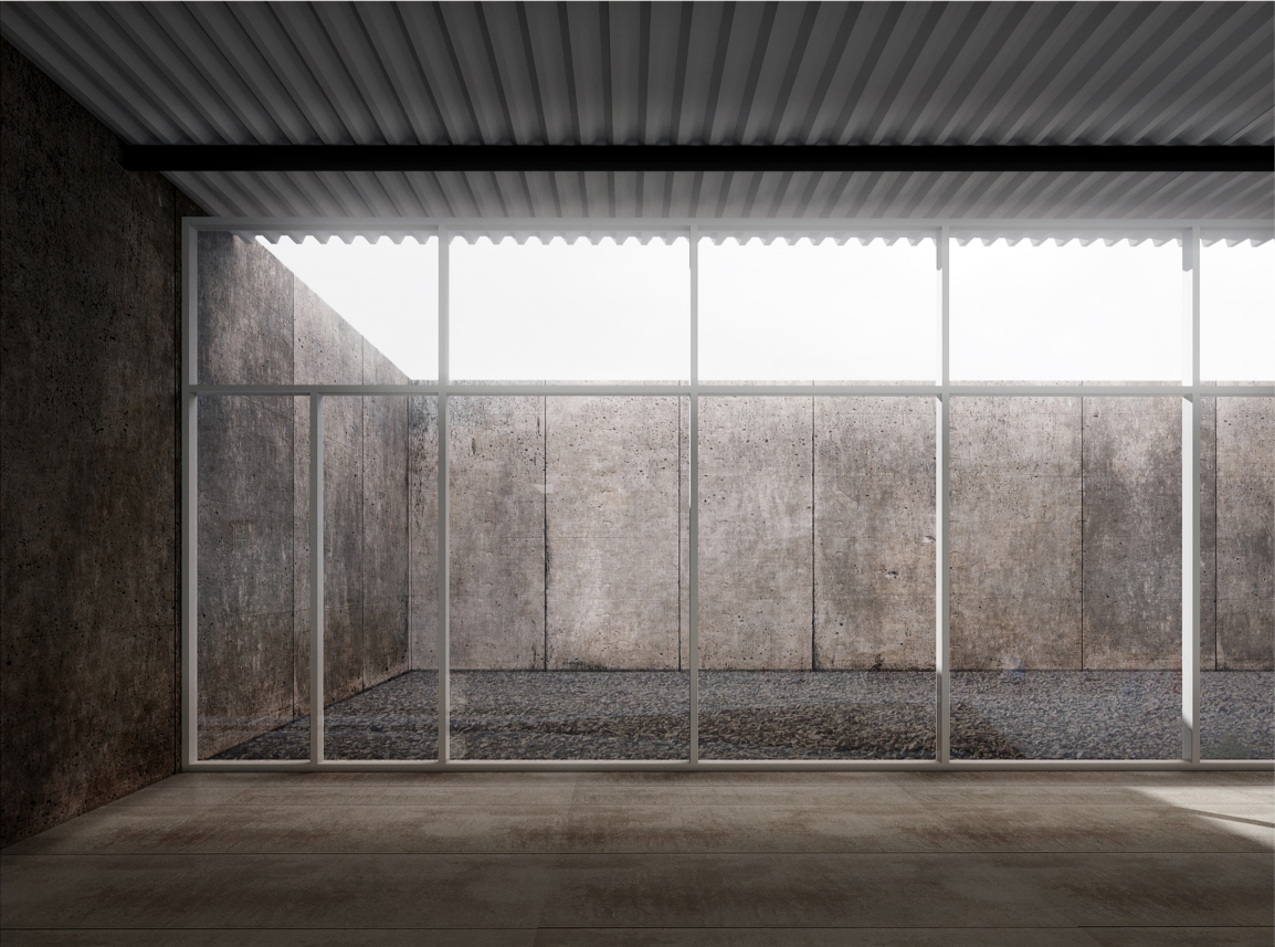 Minimal interior courtyard framed by concrete walls and natural daylight.