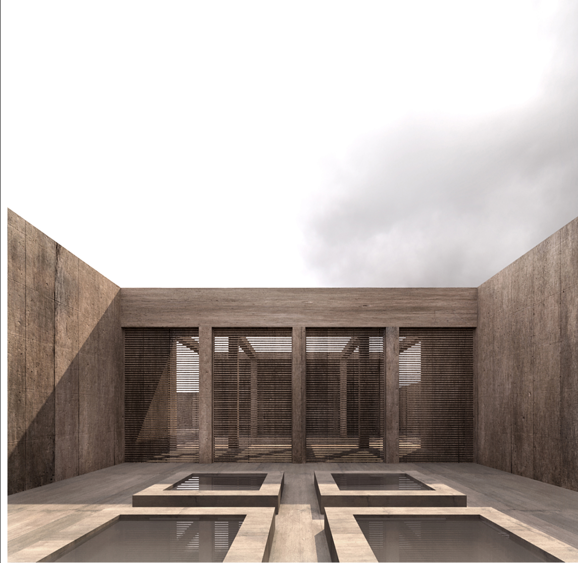 Contemplative inner garden designed around light, water, shade, and enclosure.