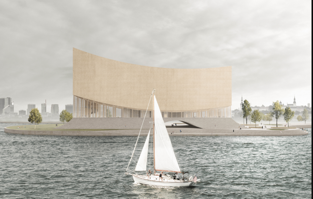 Rendering of the curved timber facade viewed from the water with a sailboat in the foreground