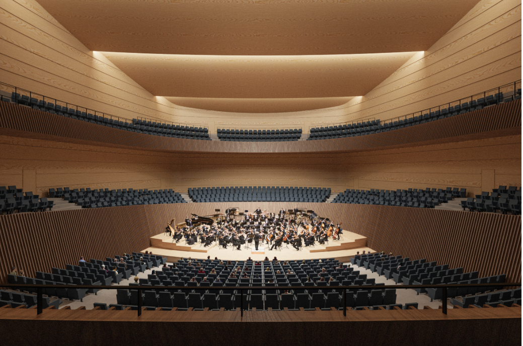 Concert hall interior with terraced timber seating and orchestra on stage during a performance