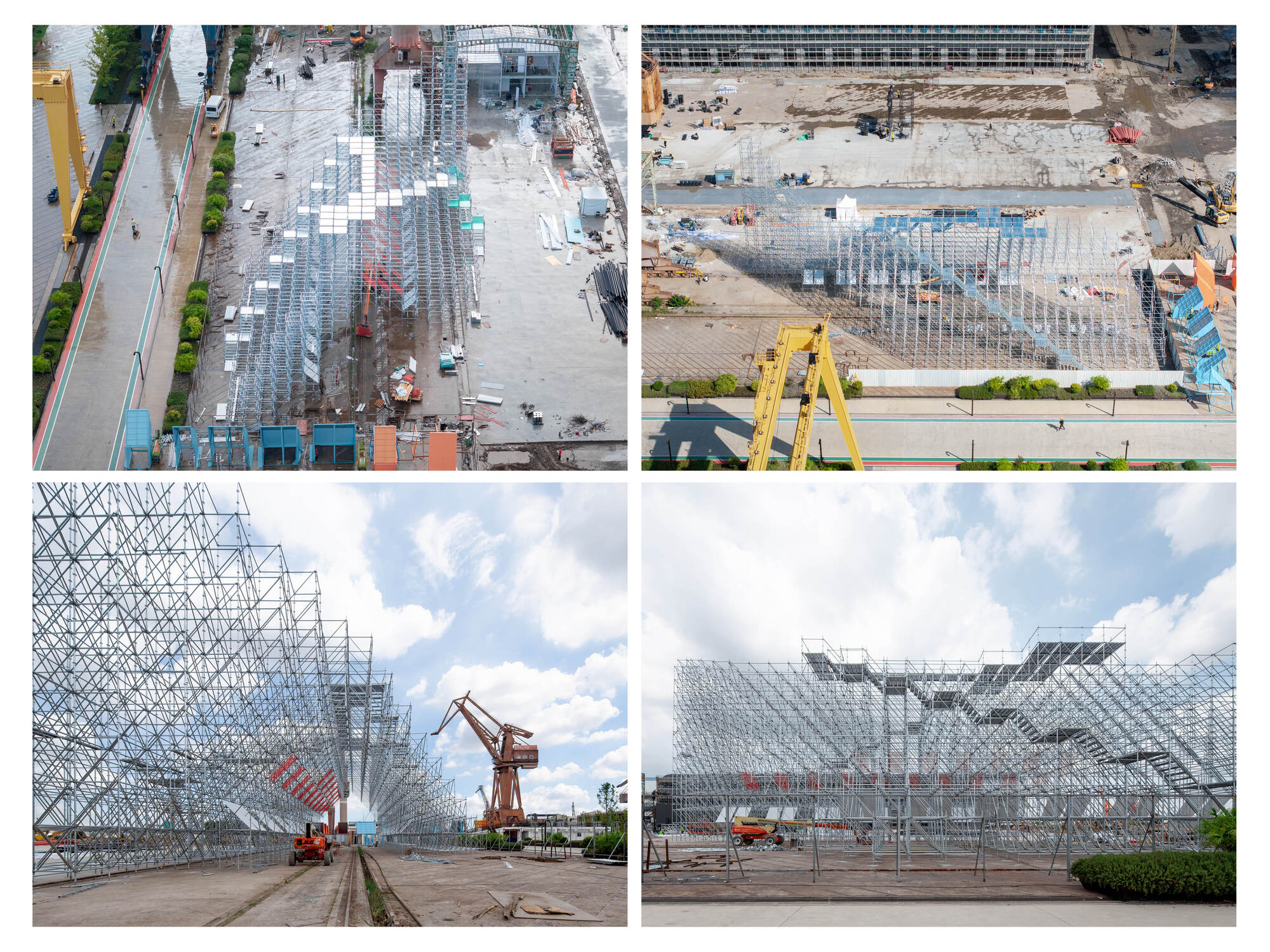 Aerial view of the stepped metal scaffolding framework under construction on a concrete plaza