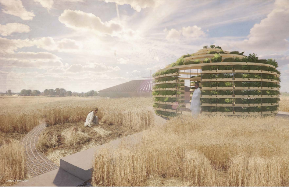 The garden pavilion rises from the field as a planted structure for cultivation, reflection, and ecological learning.