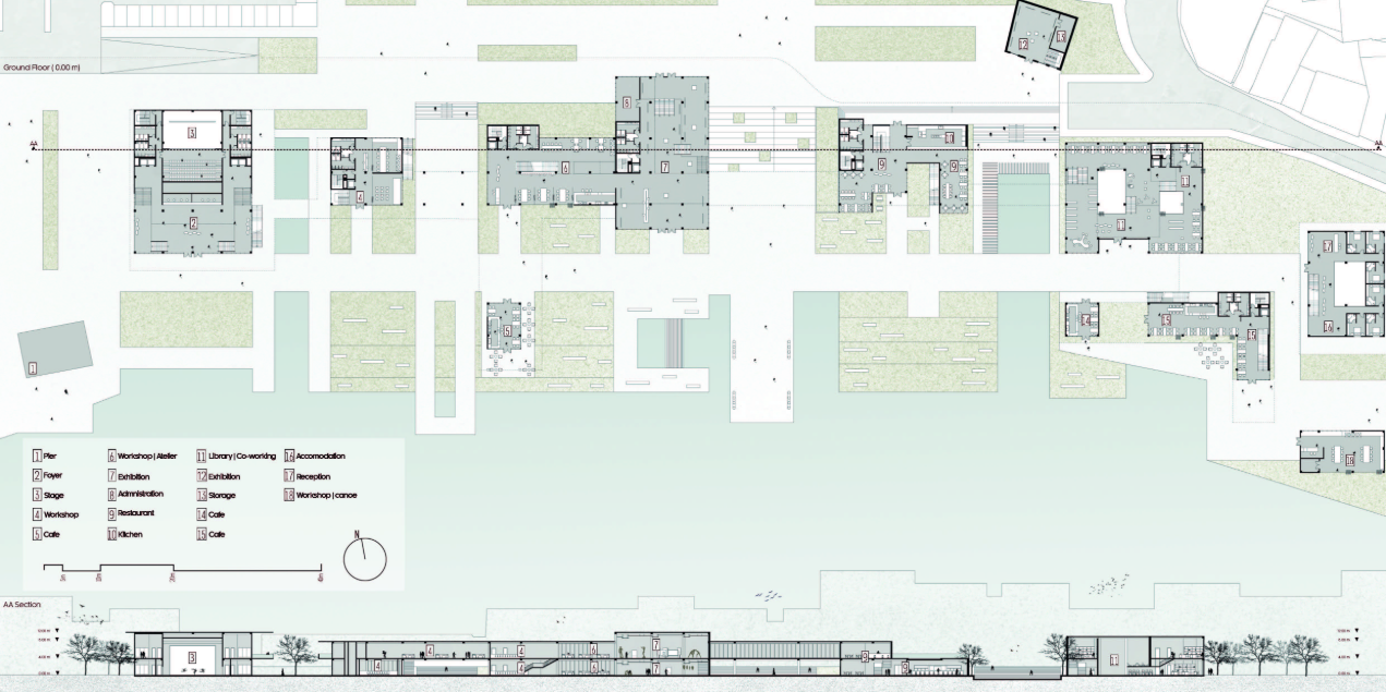 The ground floor plan organizes workshops, cafés, exhibitions, accommodation, and waterfront programs across a connected public landscape.