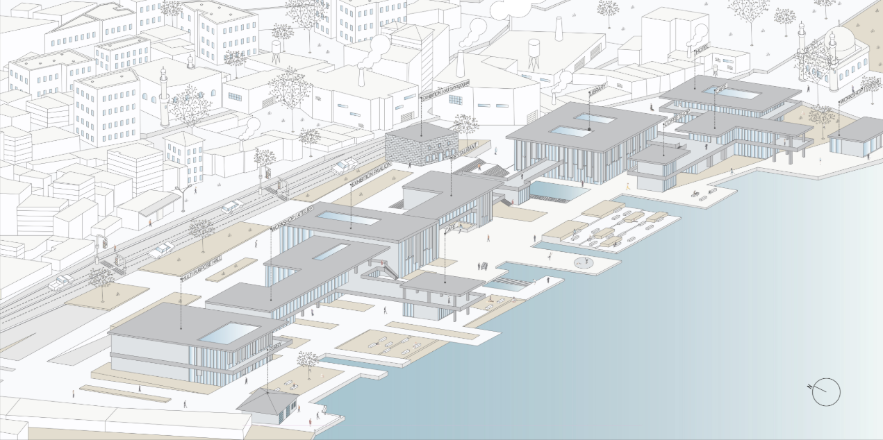 The axonometric view shows Act-N as a layered waterfront center linking Hasköy’s urban fabric with open public spaces.