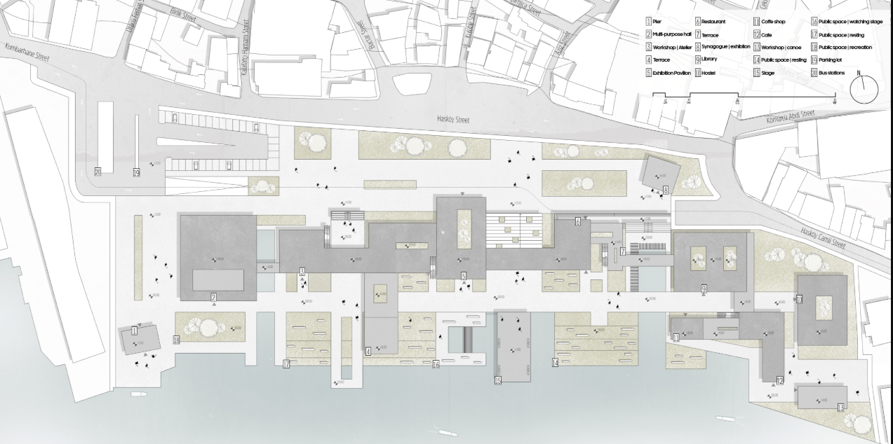The site plan highlights terraces, piers, workshops, cafés, and promenades arranged along the Hasköy waterfront.