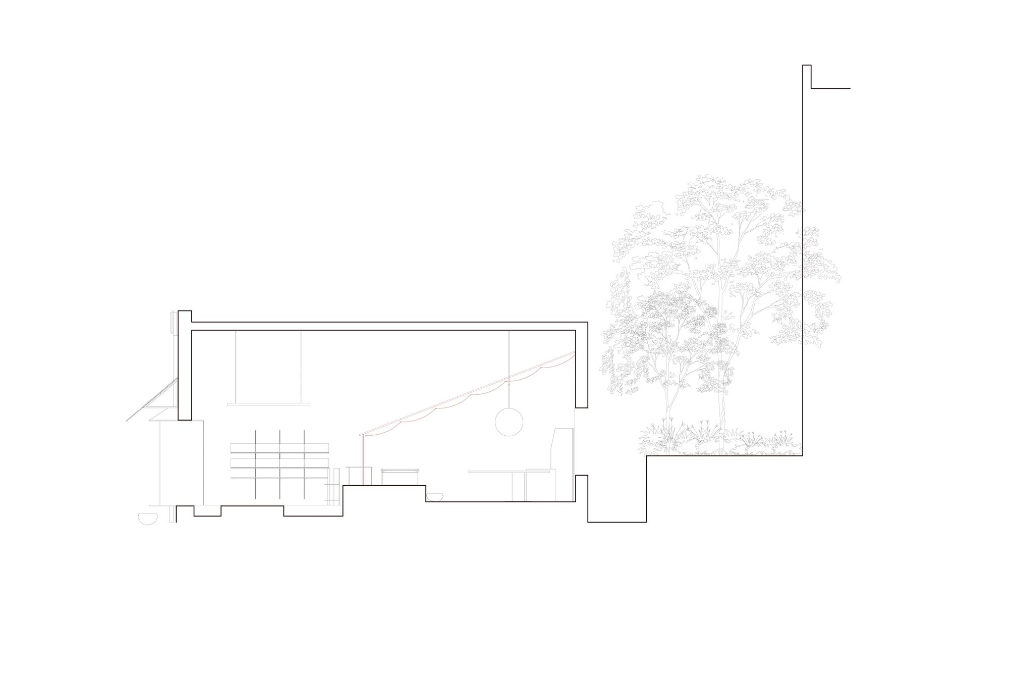 Section drawing showing interior spaces with stairs and an adjacent courtyard tree