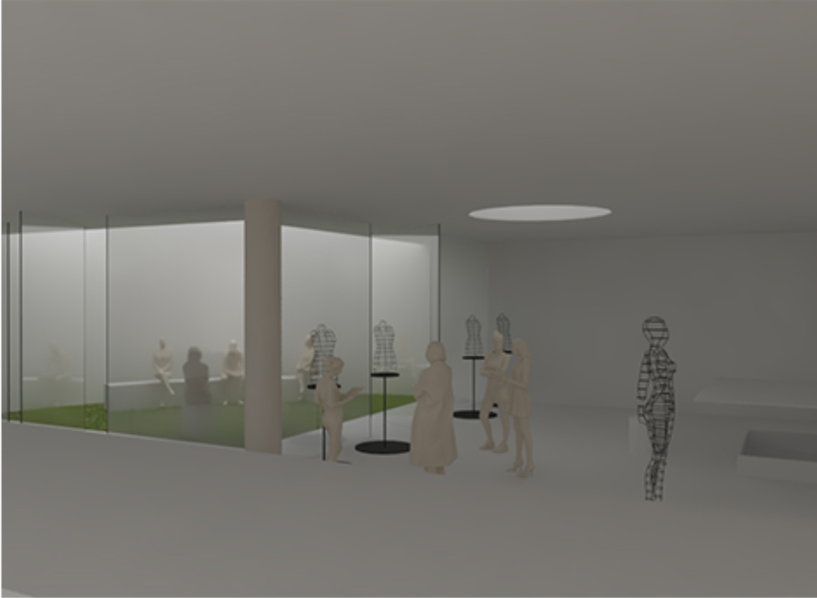 Interactive fashion studio with glass partitions, green pockets, and inclusive mannequin displays.