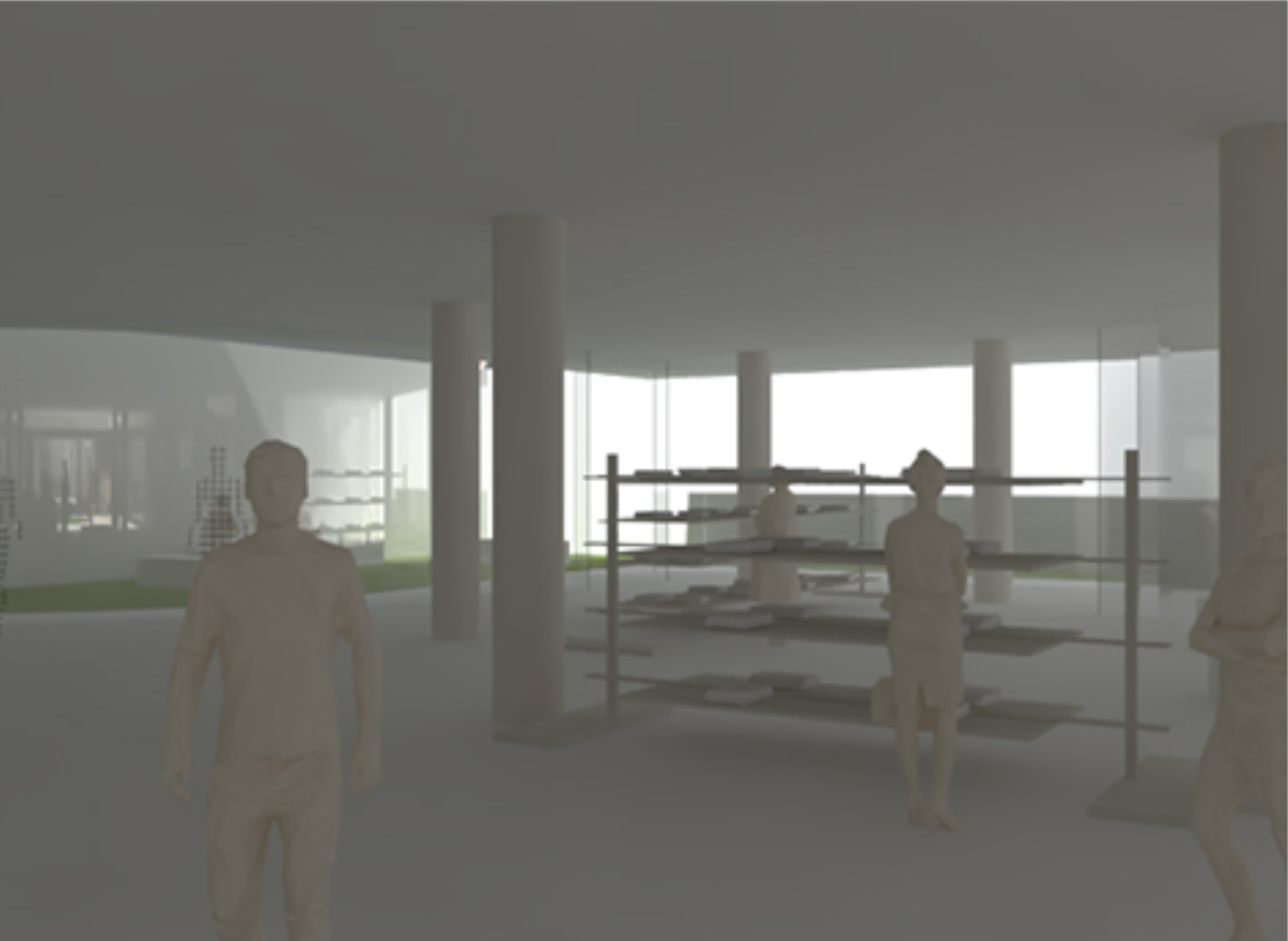 Minimal retail interior with open shelving, soft daylight, and flexible fashion display zones.