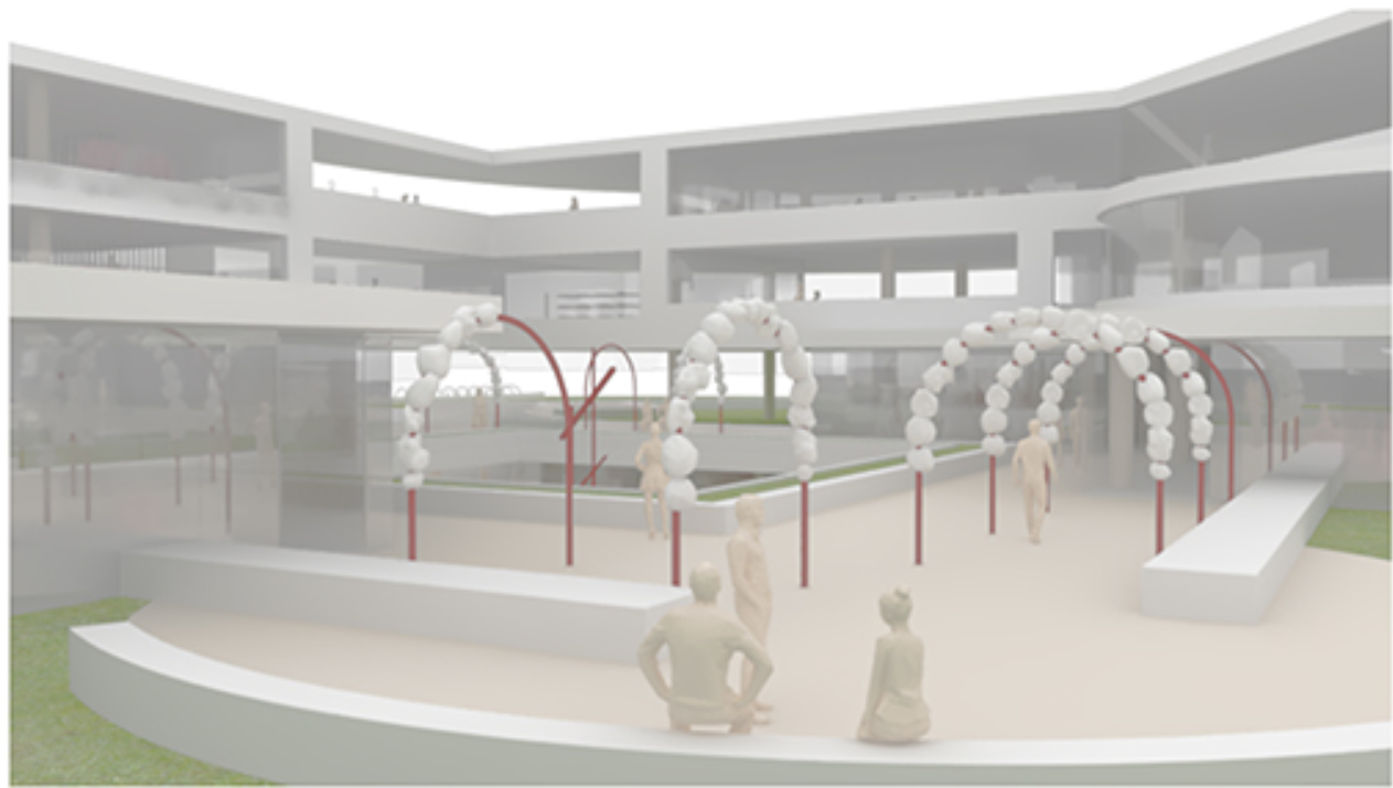 Courtyard forum with red arches, modular exhibits, and social seating areas.