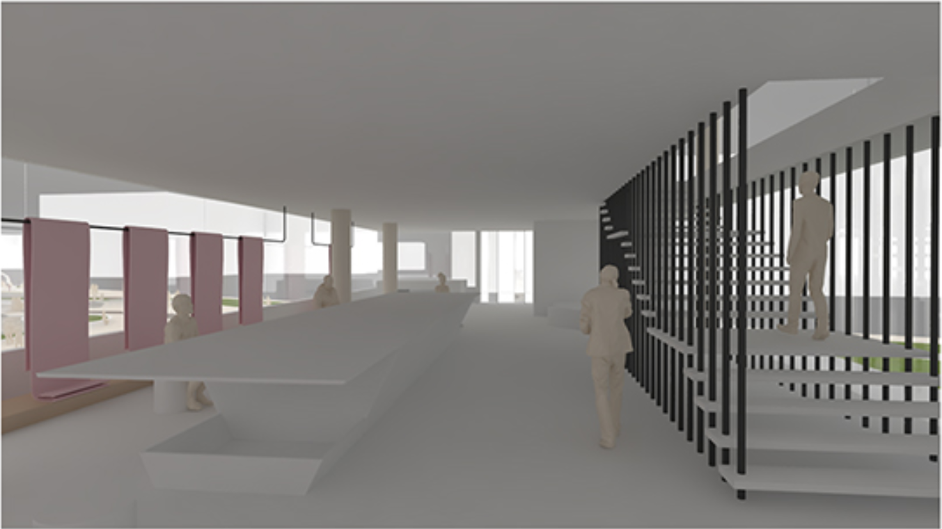 Production studio with fabric panels, worktables, and vertical presentation grids.