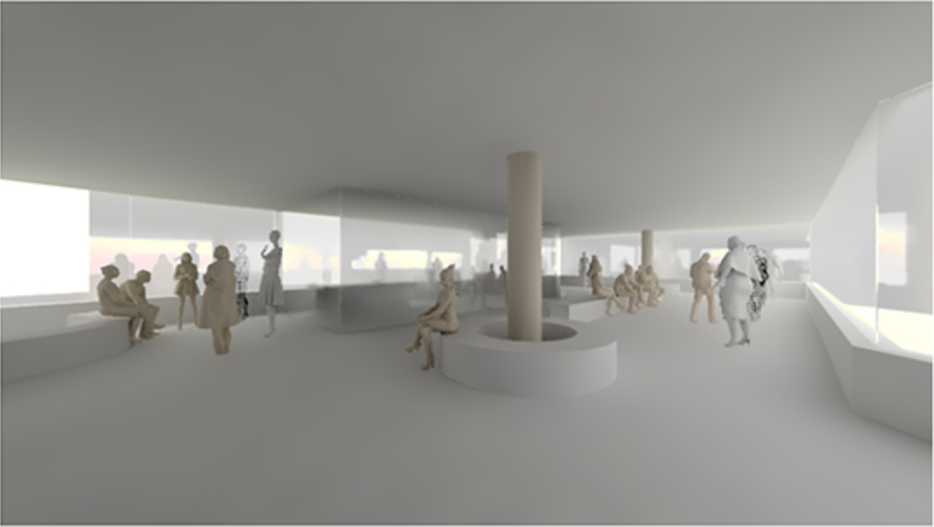 Open interior forum designed for public interaction, display, and slow fashion exchange.