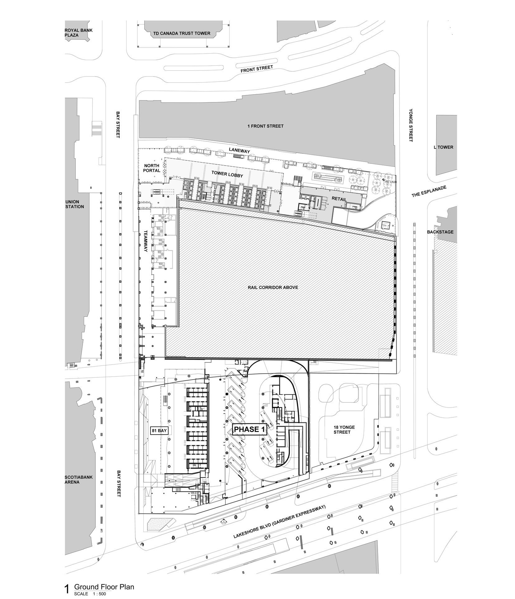Ground floor plan drawing showing a large rail corridor and surrounding lobby spaces adjacent to streets