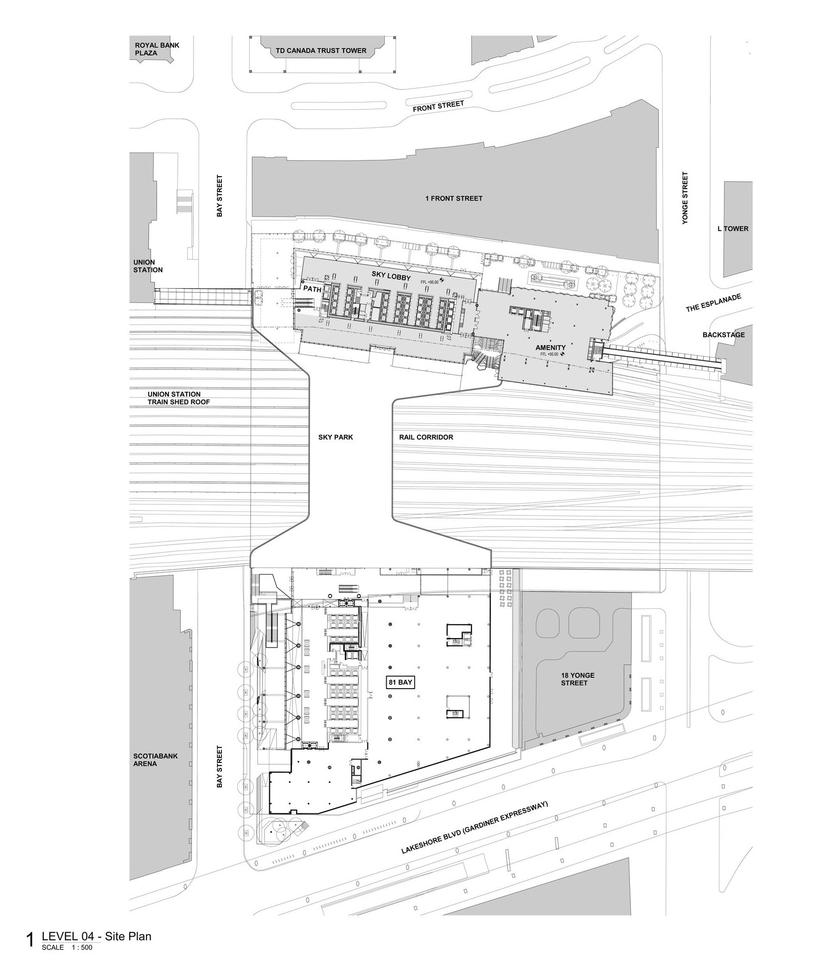 Level four site plan drawing showing sky park and rail corridor with retail along the street edge