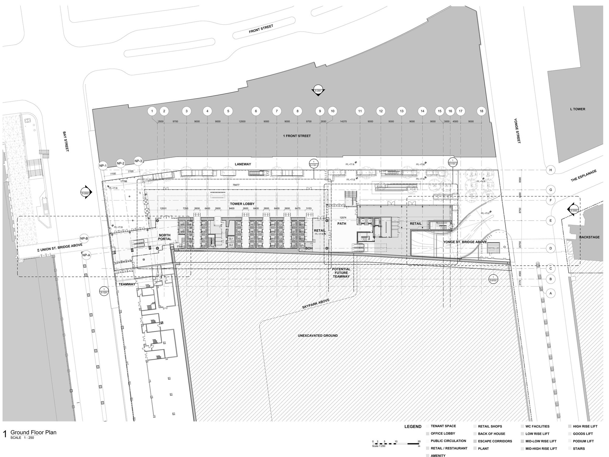 Ground floor plan drawing showing tower lobby and uncovered ground areas flanking the central concourse