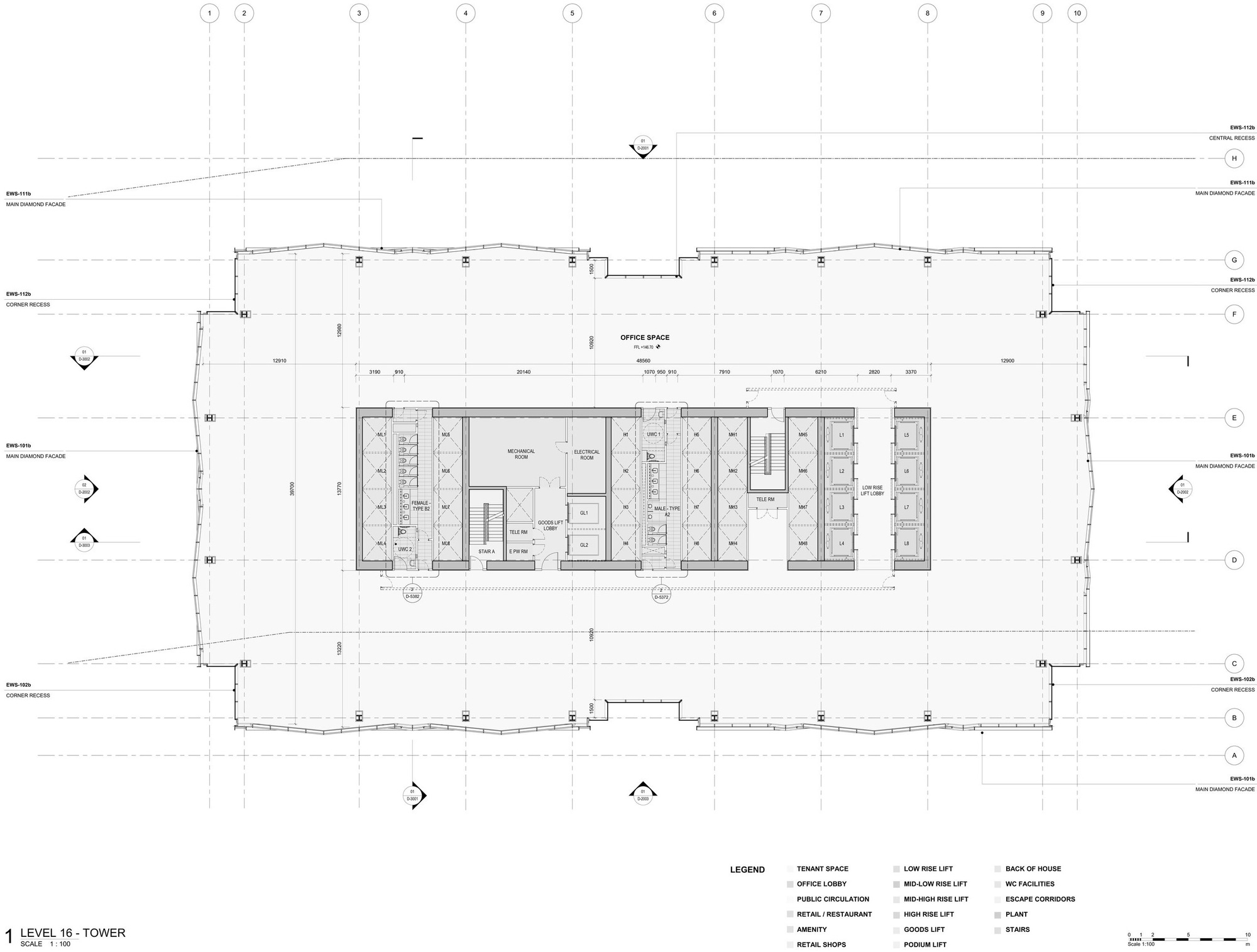 Level 16 tower floor plan drawing showing central office space core surrounded by open tenant areas